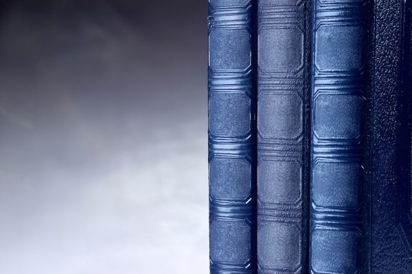 Drei dunkelblaue Buchrücken