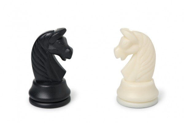 Weißes und schwarzes Schachpferd stehen sich gegenüber
